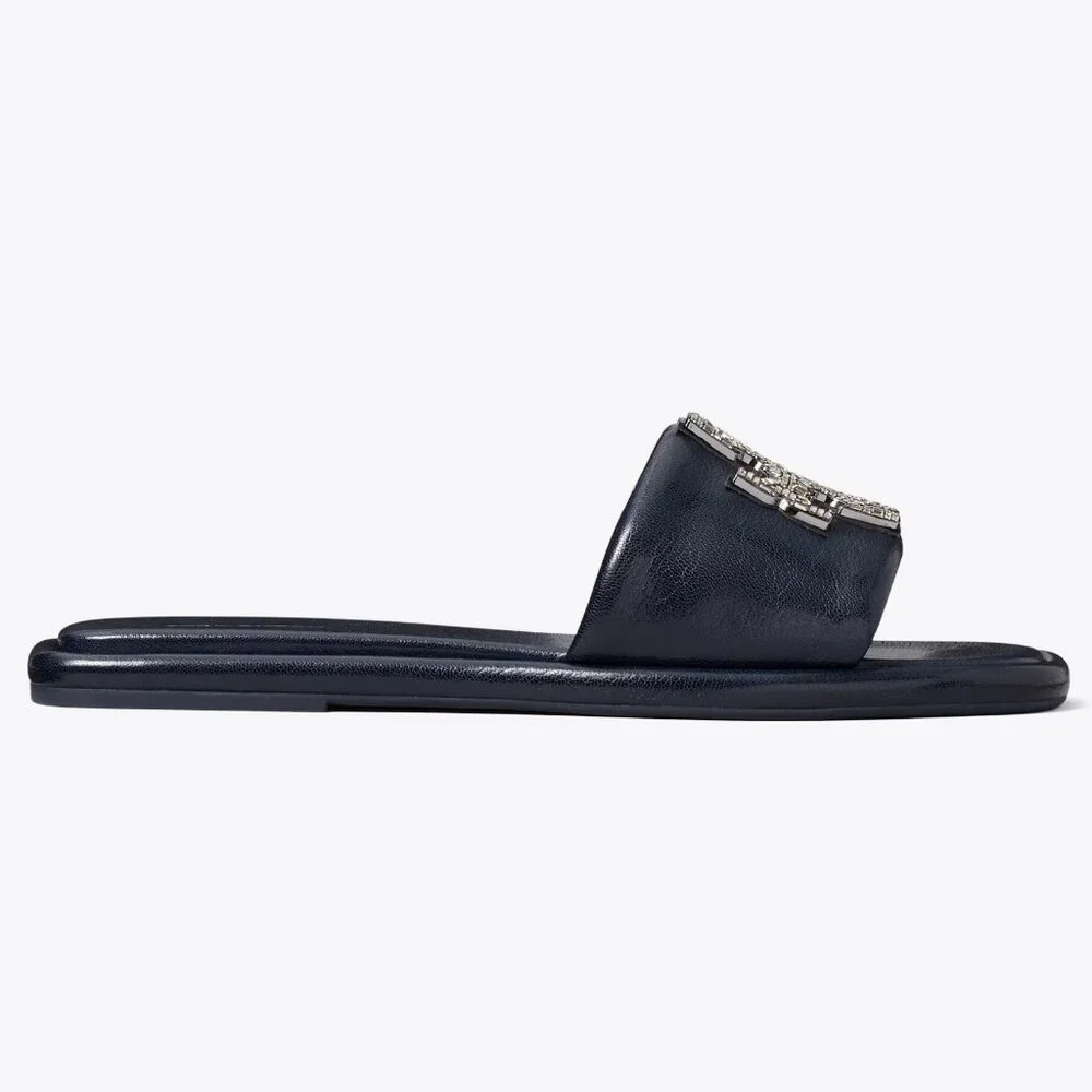 Tory Burch $258 DOUBLE T DECO SPORT SLIDE New Navy Rhinestones Embellished Flats